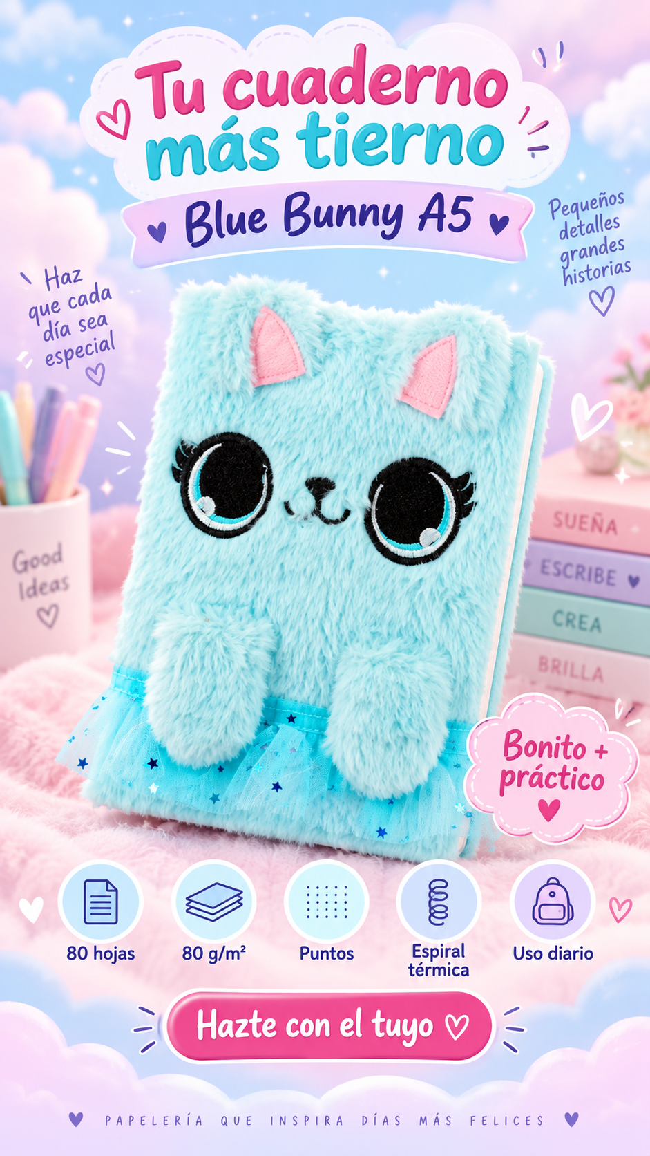 Blue Bunny A5 | Cuaderno de felpa conejito azul
