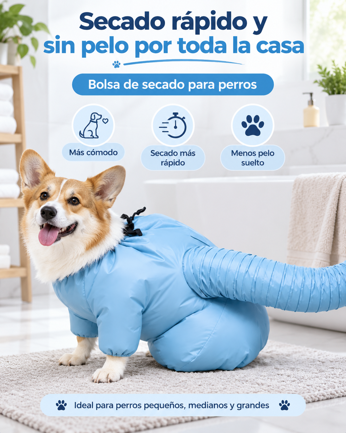 Corgi con bolsa azul Nuvee DryBag y beneficios: secado más cómodo y menos pelo suelto.