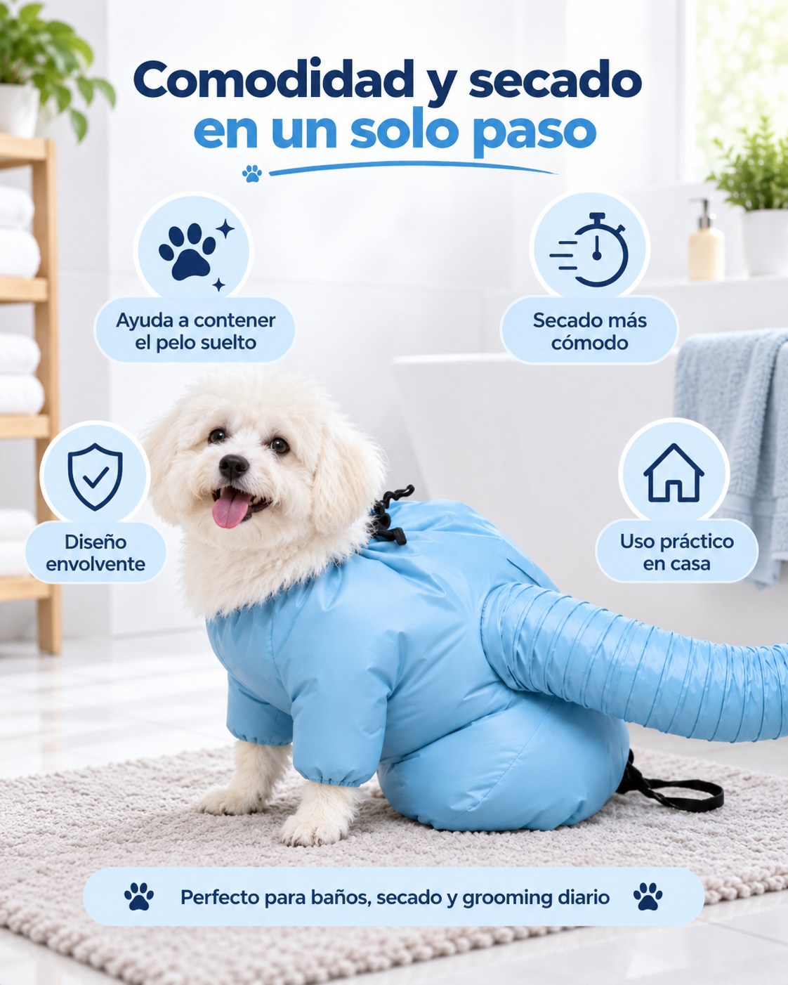 Perro pequeño con bolsa azul Nuvee DryBag: ayuda a contener el pelo suelto y facilita el secado en casa.