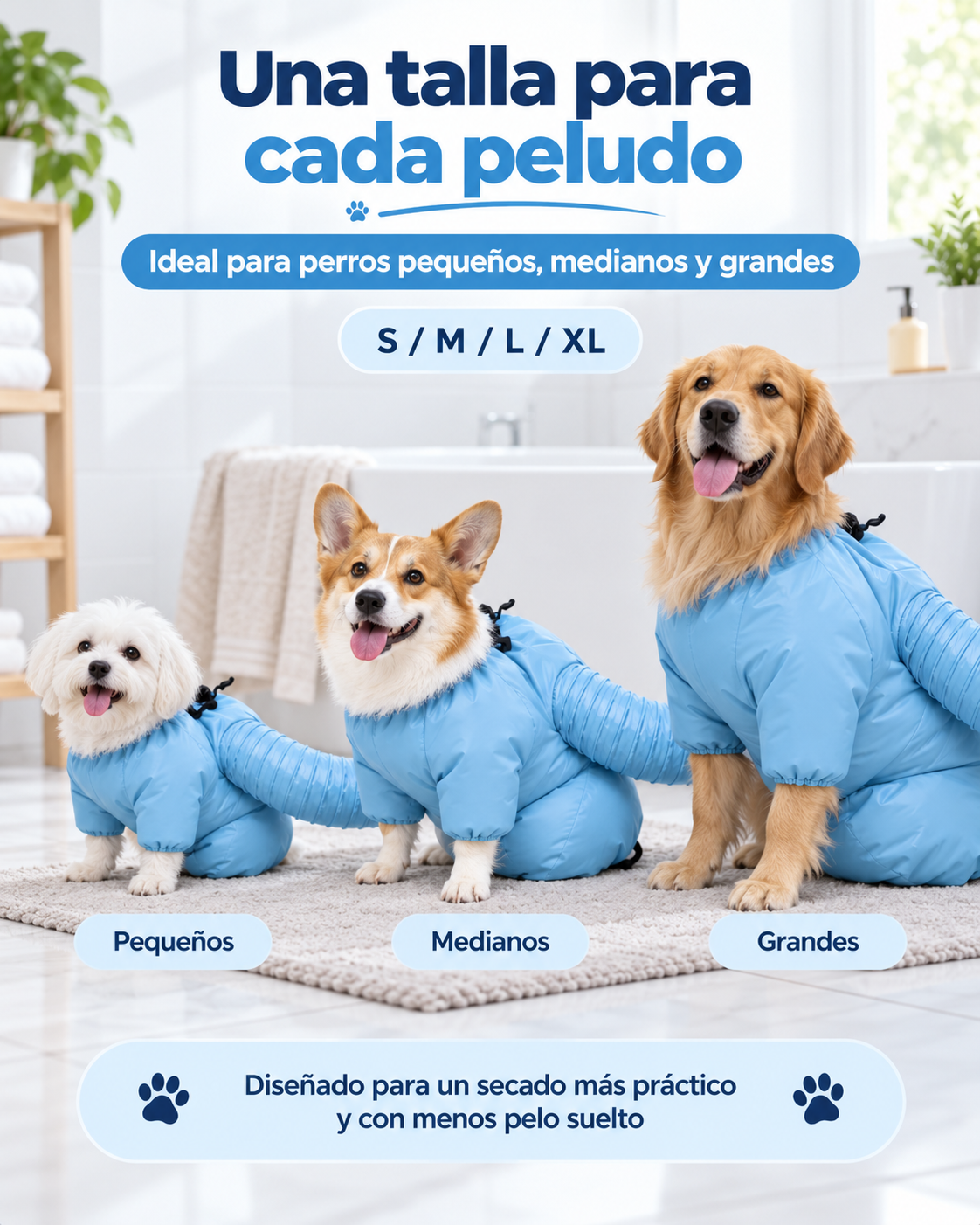 Bolsas azules Nuvee DryBag para perros pequeños, medianos y grandes; tallas S, M, L y XL.